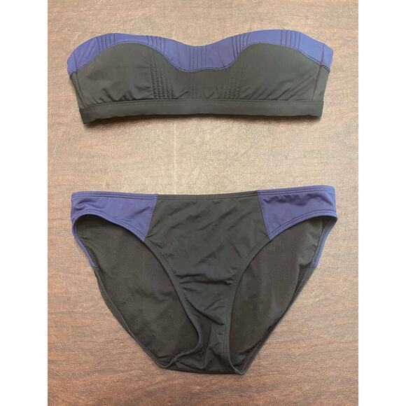 Athleta Navy/Black Color Block Bandeau Strapless Bikini Top Full‎ Bottom Medium - Picture 1 of 4